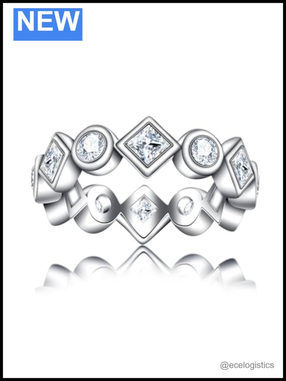 Moissanite Eternity Ring 3MM Lab Diamond Silver Plated Brass Wedding Band